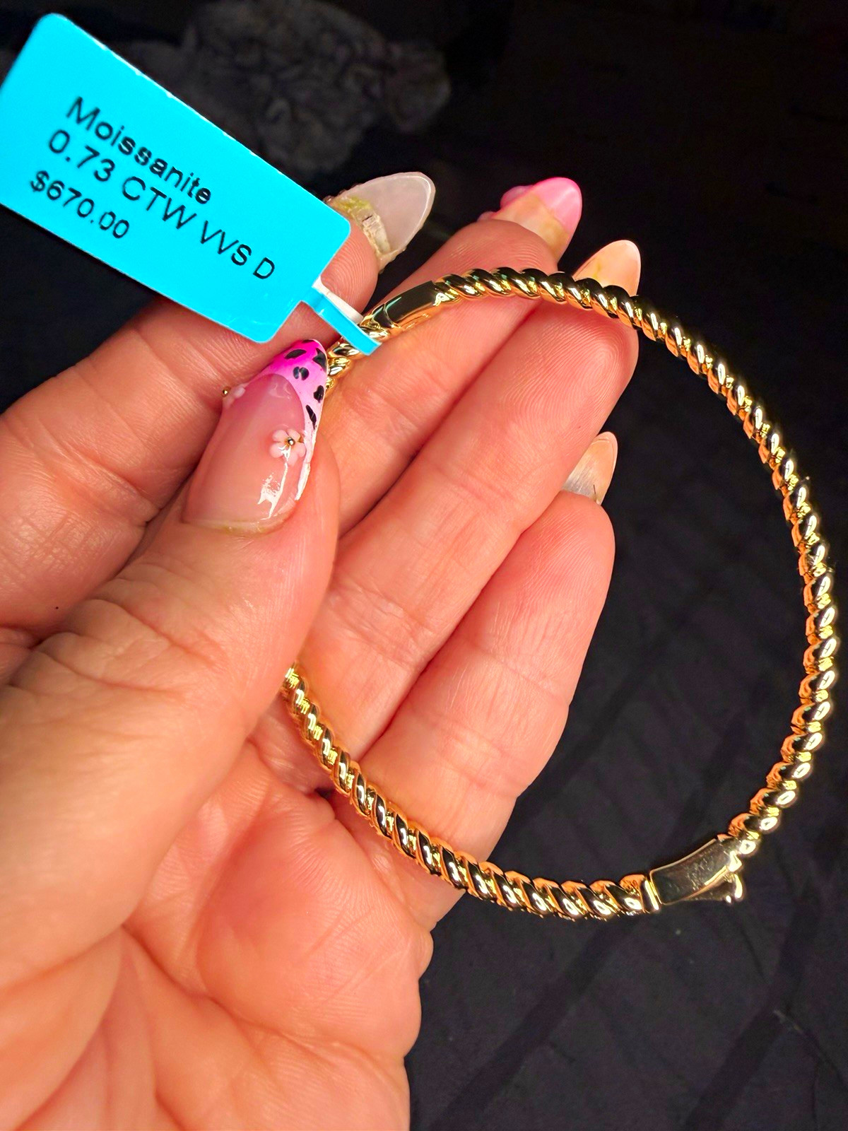 Gold Tone Rope Chain Bangle Bracelet White Moissanite Box Clasp