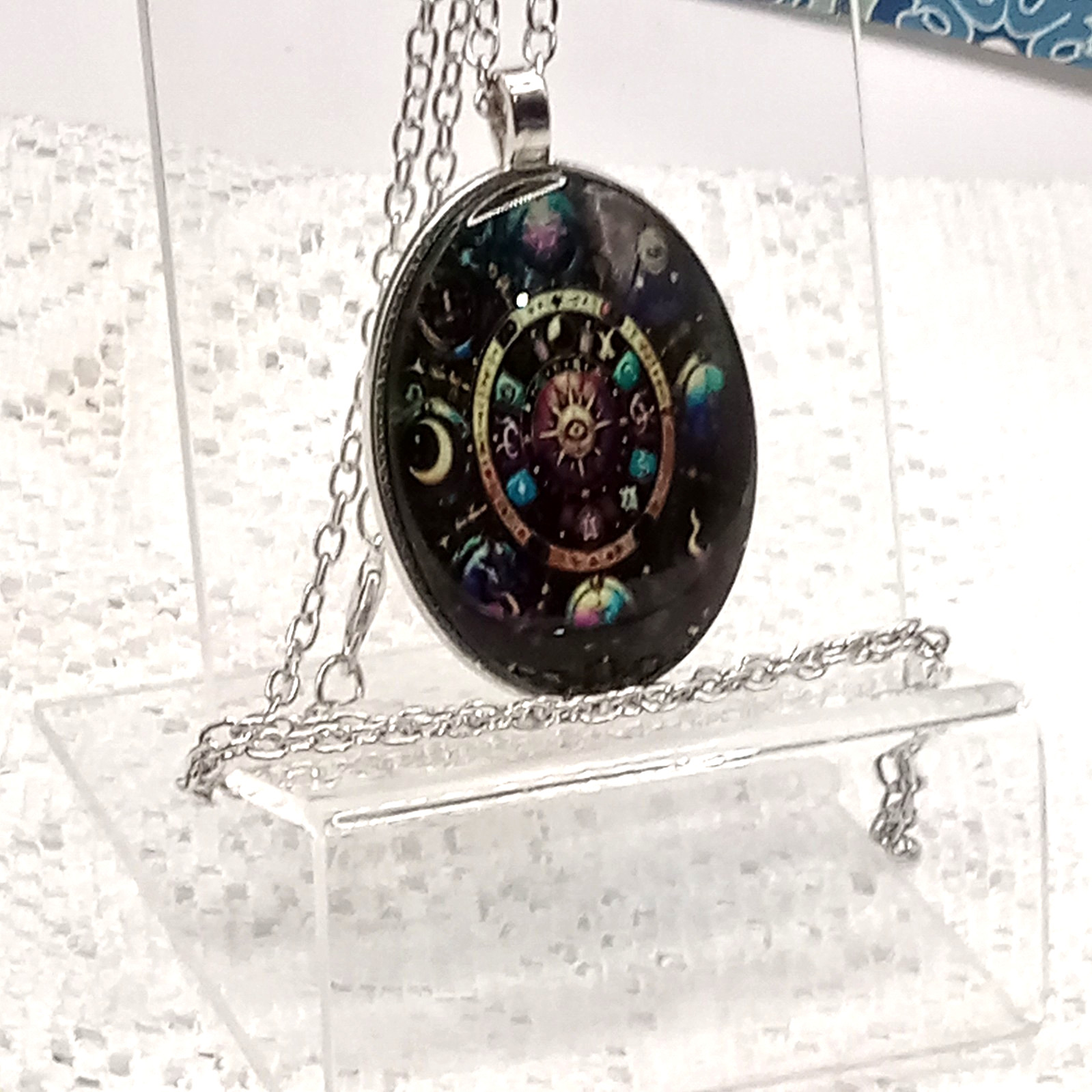 Celestial Necklace Oval Blue Pendant Astrological Symbols Silvertone Chain