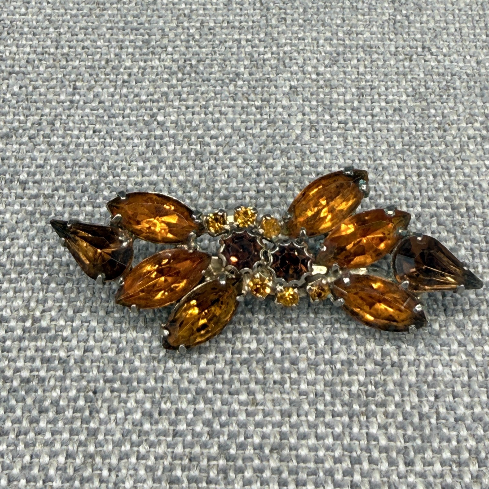 Vintage Brooch Orange Brown Rhinestones Gold Tone