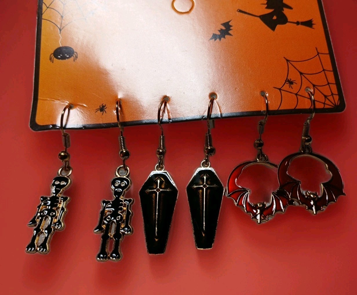 Halloween Fun! Set Of 3 Dangling Enameled Goldtone Earrings, All Ages,