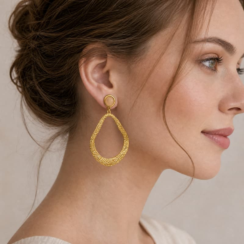 Elegant Gold Textured Open Teardrop Dangle Earrings Fashion Statement Jewelry