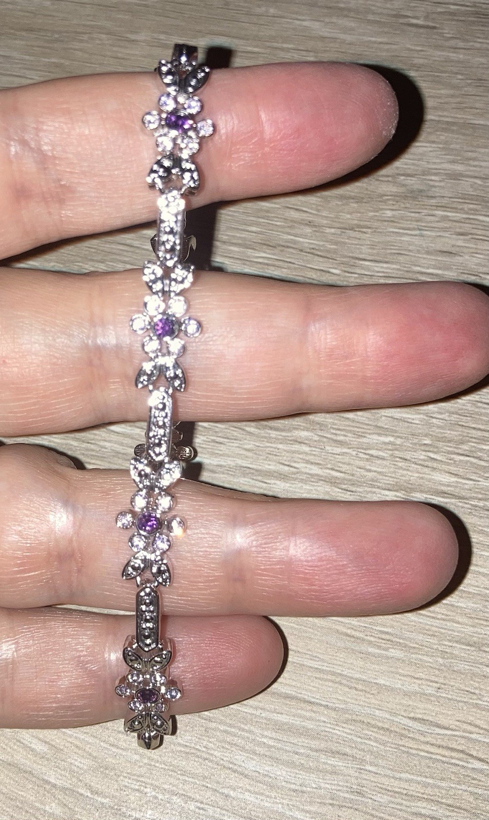 Floral Silver Colored Tennis Bracelet with Purple Round Stones