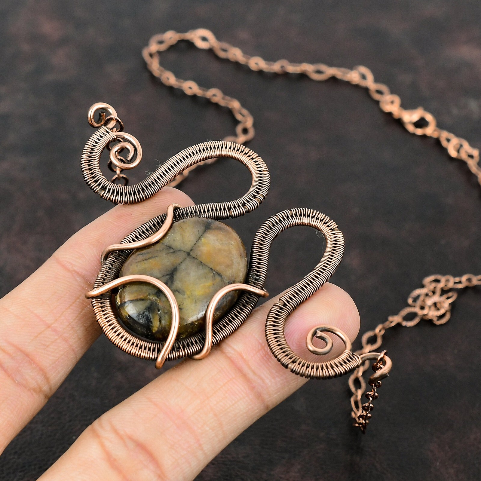 Gift For Her Chiastolite Wire Wrapped Necklace Adjustable Copper Jewelry 18.0″