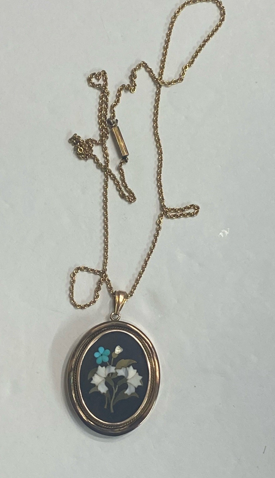 Vintage PIETRA DURA Micro Mosaic Flowers 10k Gold Pendant 18” Chain