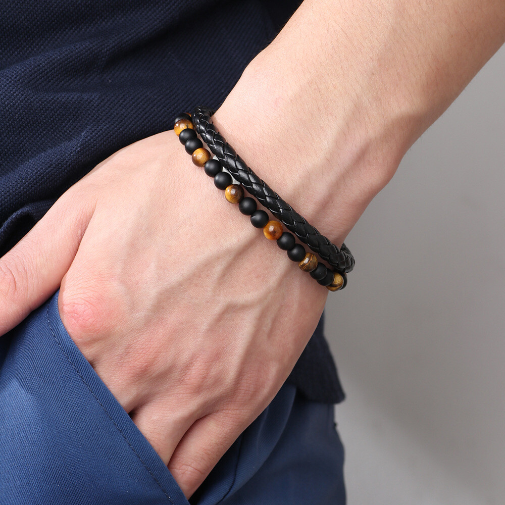 Obsidian Tiger Eye Beaded Protection Strength Healing Men Leather Bracelet Gifts