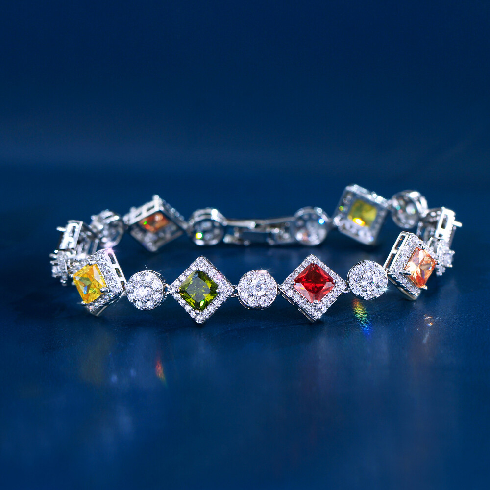 Trendy Silver Plated Multicolor Cubic Zirconia Rhombus Tennis Bracelet for Women