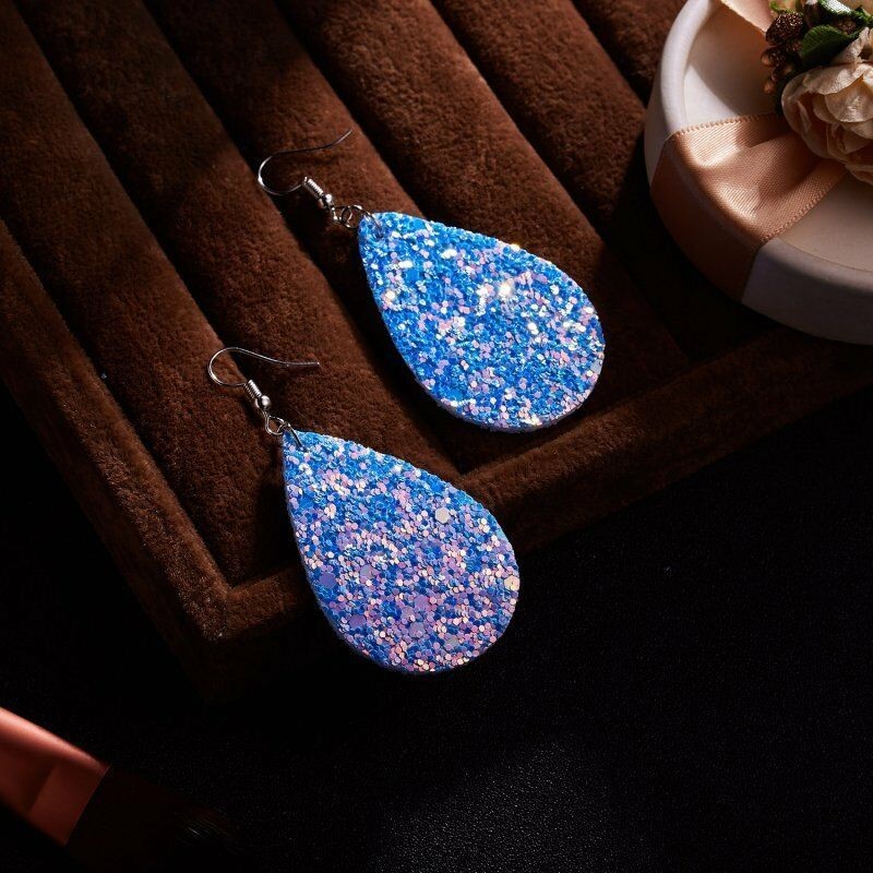 Fashion Jewelry Blue Glitter Faux Leather Fabric Teardrop Hook Dangle Earrings