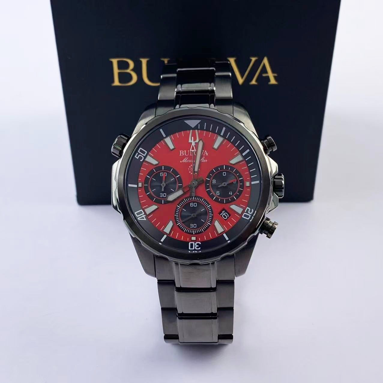 New Bulova Marine Star 98B350 Red Dial Men’s Chronograph Quartz Watch 43 mm