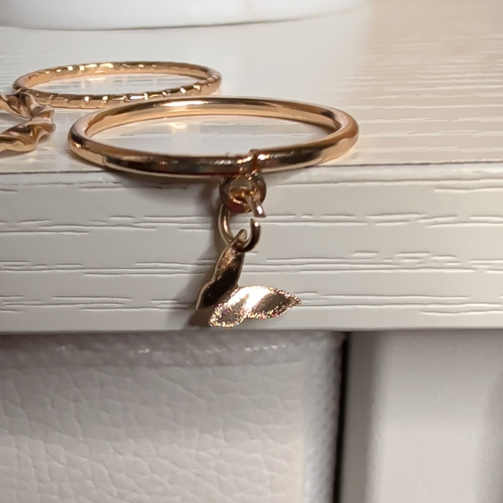 3-Piece Gold Tone Metal Stackable Band Ring Set Size 7.75 w/ Leaf Charm