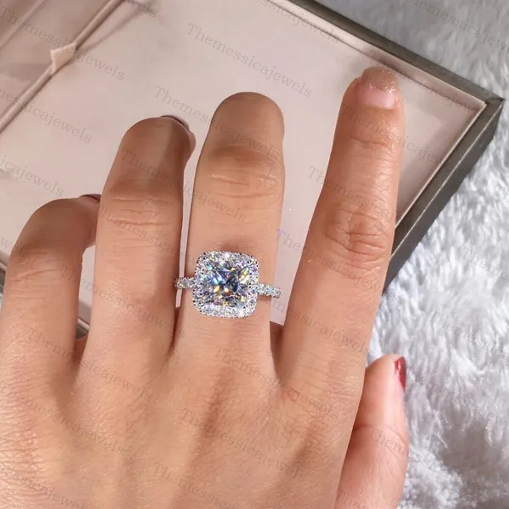 2.76 TCW Princess Cut Moissanite Halo Engagement Ring In 14k White Gold Plated