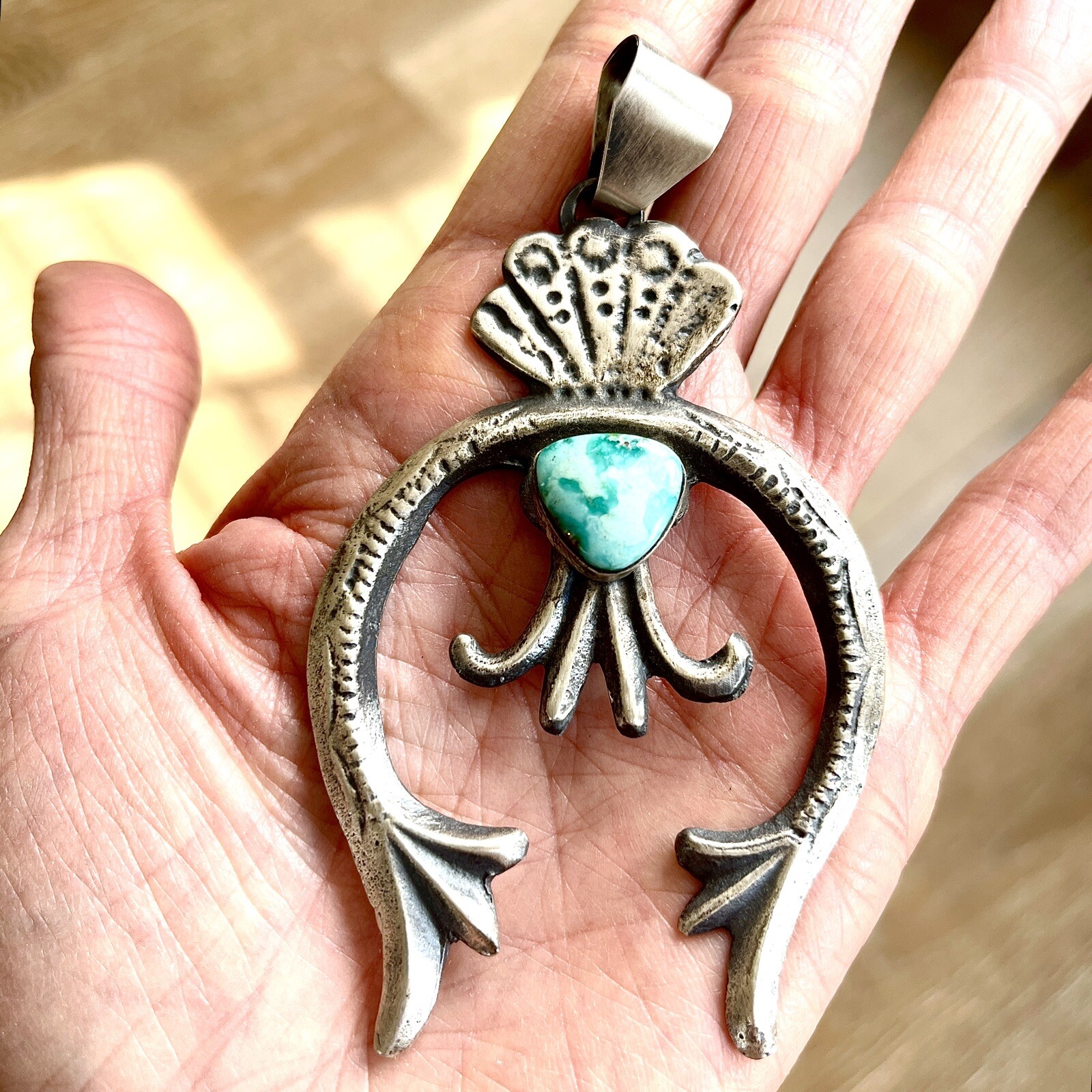 BIG Navajo Naja Pendant Turquoise 3.75in Squash Blossom Signed 925 Matte