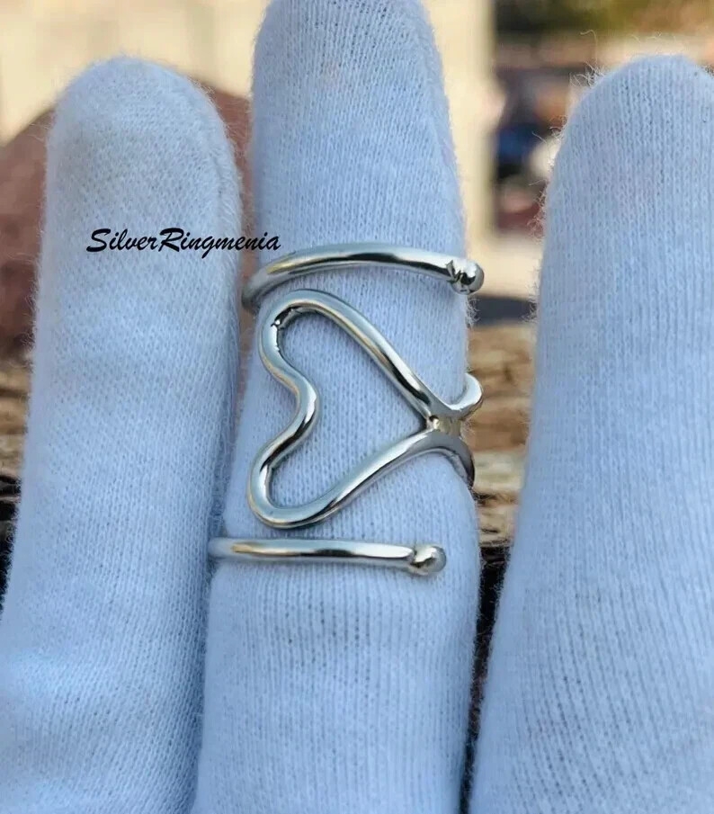 Solid 925 Sterling Silver Heart New Look Adjustable Ring Handmade Ring All Size
