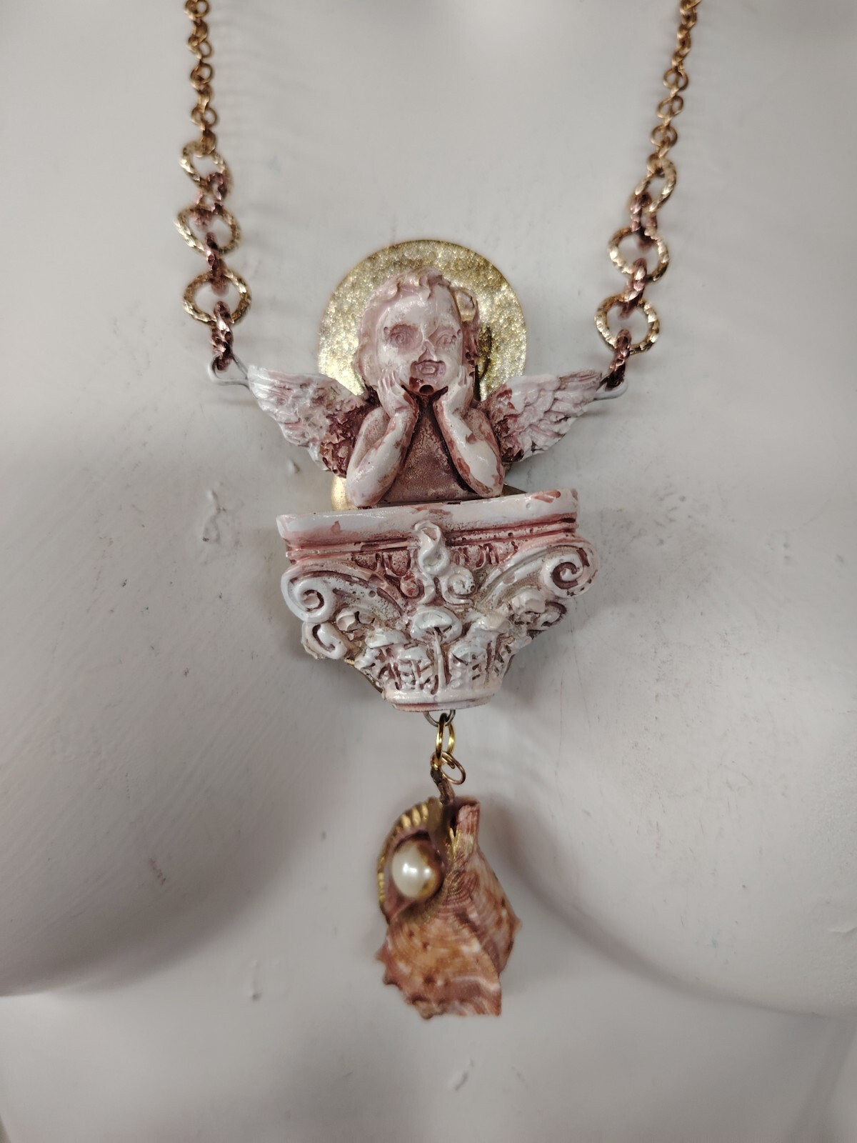 Necklace Winged Angel Cherub Talisman Baroque Pendant Amulet Shell Charm Jewelry