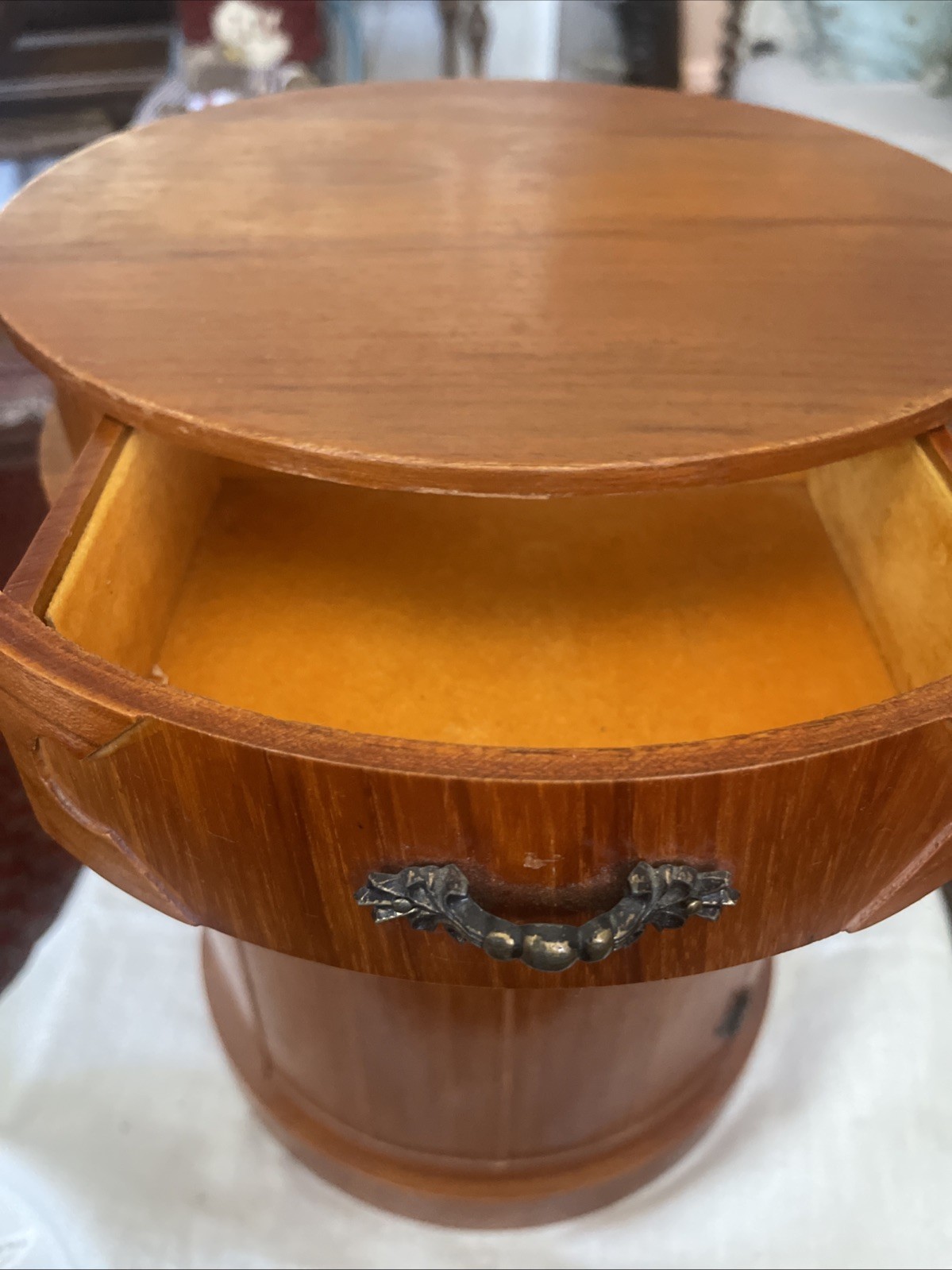 MCM round Wooden jewelry chest table top armoire W/ 5 Drawers And Mirror