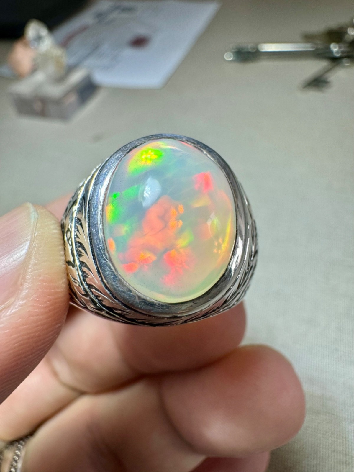 6.90 carats Natural Ethiopian White Opal Handmade Size 11.5 Silver Ring for Male
