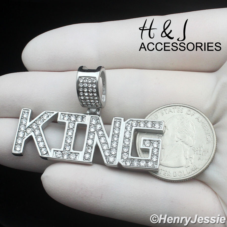 18″-36″MEN Stainless Steel 3mm Silver Box Chain ICY 3D King letter Pendant*AP148