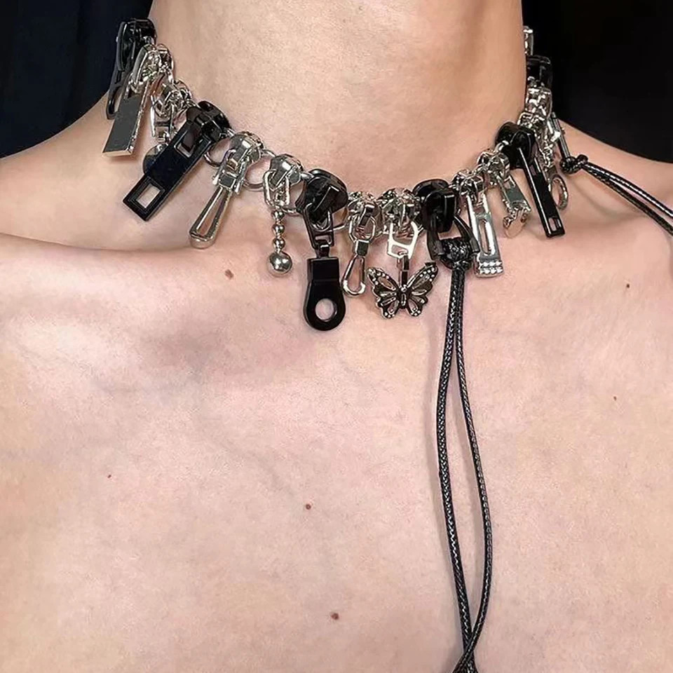 Zipper Chain Necklace Fringe Geometric Punk Style Statement Unisex Jewelry
