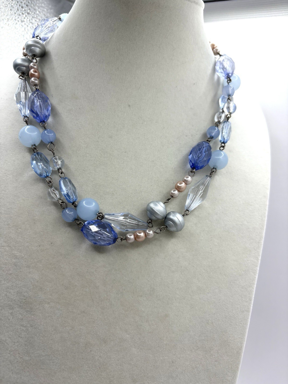 Periwinkle Blue, Silver & Champagne Colored Beaded Layered Necklace Silver Tone