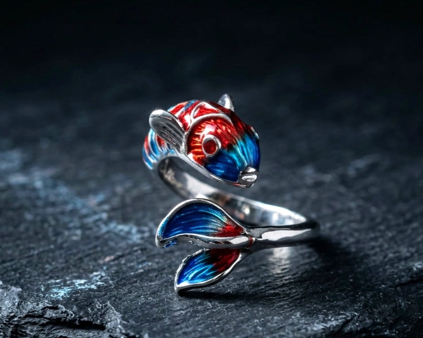 Koi Fish Rings Adjustable Enamel Wrap Ring • Red/Blue Koi & Abstract Orange