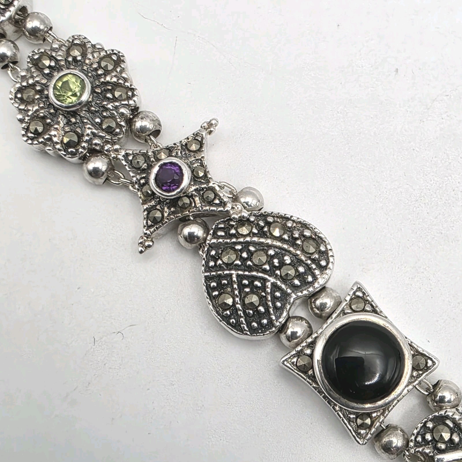 Sterling Silver Blue Topaz Amethyst Peridot Marcasite 6.5 Inch Bracelet 24.78g