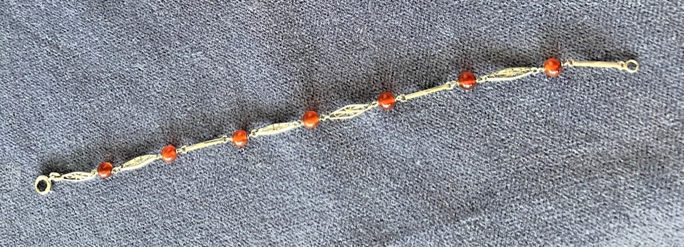 Dainty 10K White Gold Spessartine Garnet Bead Filigree Link Bracelet Vintage