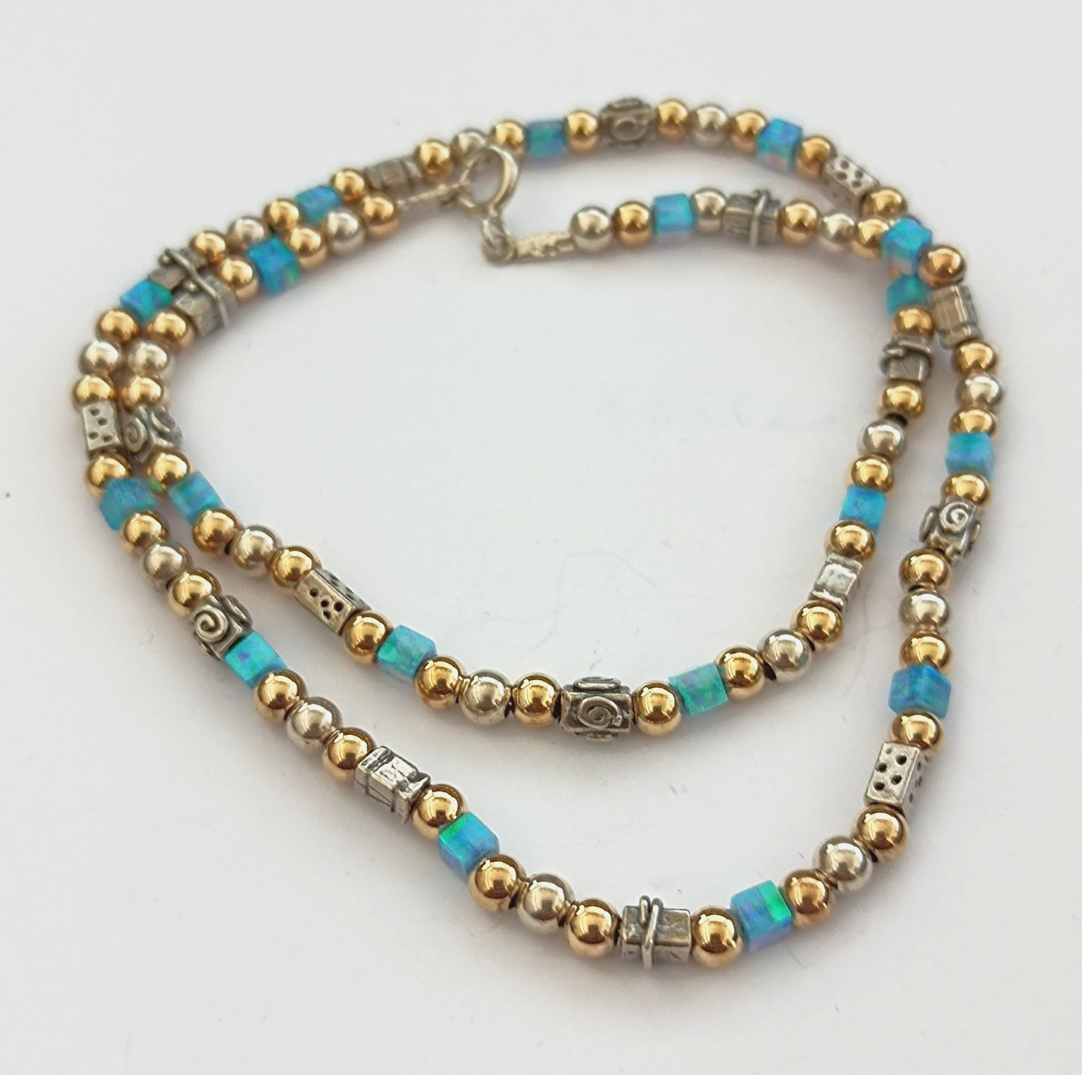 Israeli Modernist Necklace Sterling Silver Gold Filled Artisan Chic Blue Stone