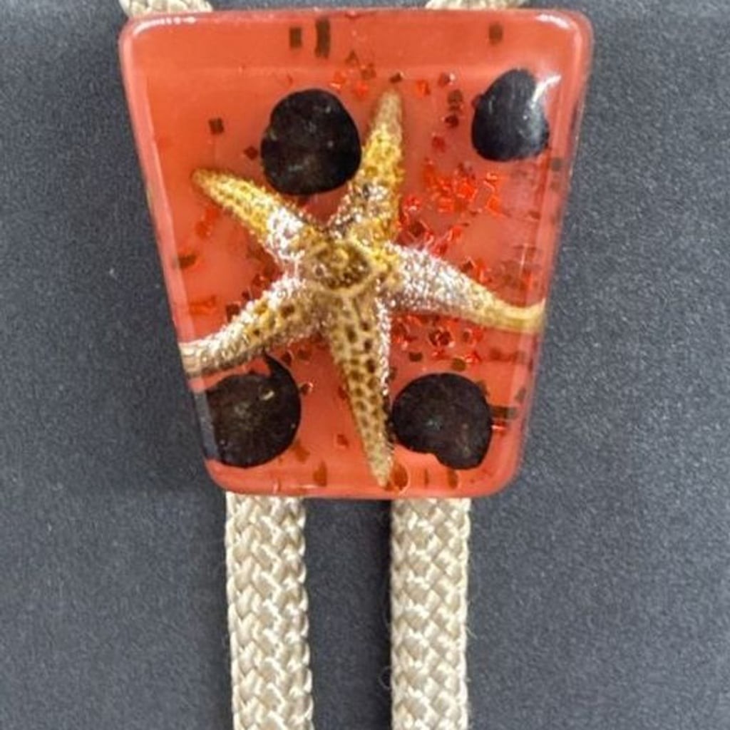 Southwestern Resin Bolo Tie Starfish Beach Shell Inlay Coastal Tan Cord Vintage