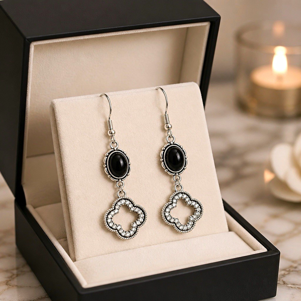 Silver Tone Black Onyx Oval Bezel Clover Hook Dangle Drop Earrings