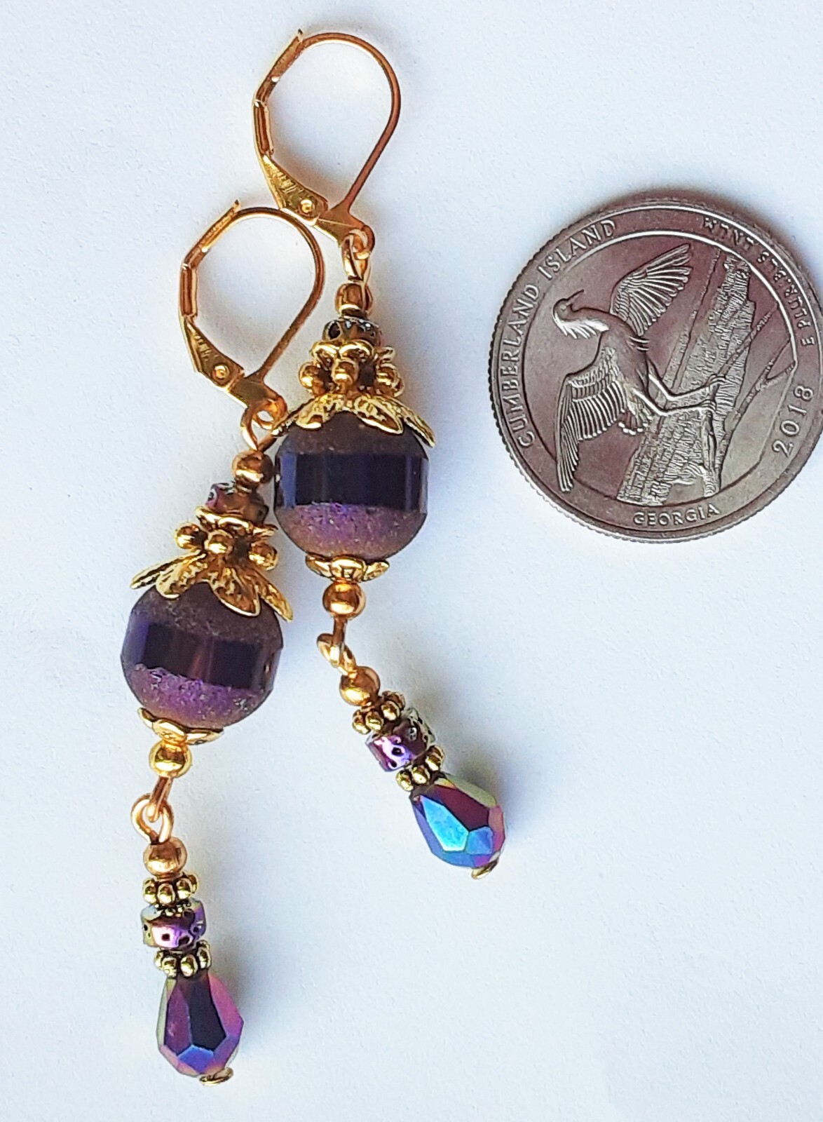 PURPLE FROSTED CRYSTAL Rainbow teardrop earring GP LEVERBACK handcrafted XCBA
