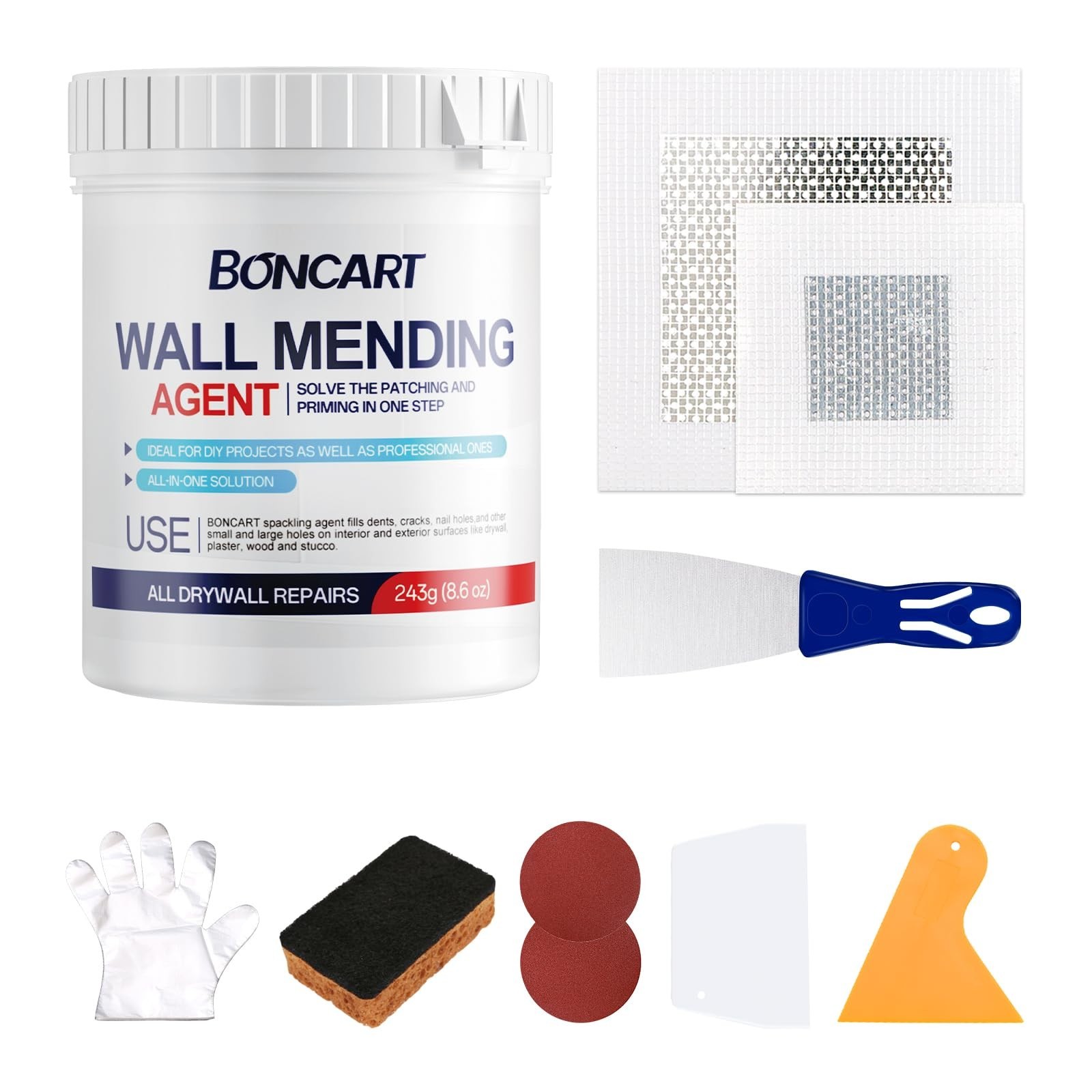 BONCART 8.6oz Drywall Patch Repair Kit – Professional All-in-1 Tool Set (Scra…