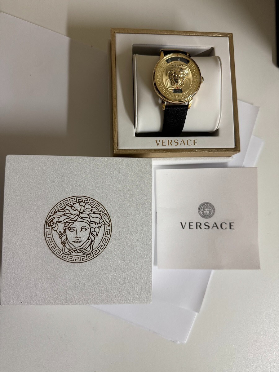 Versace Medusa Icon Yellow gold tone black leather band watch 38mm