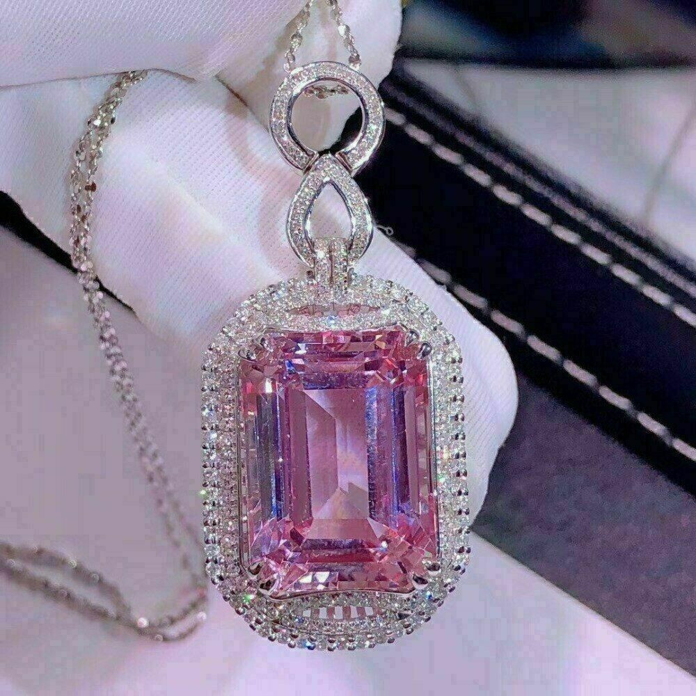 3Ct Emerald Cut Pink Sapphire Women’s Pendant 14K White Gold Over Free Chain