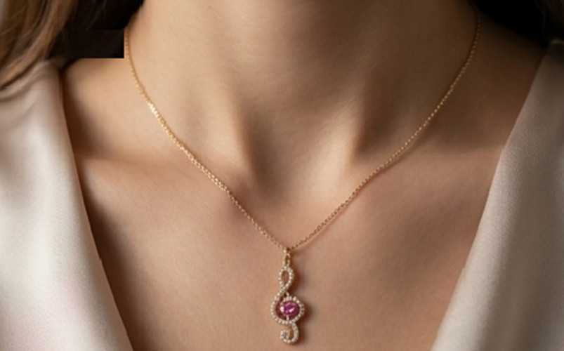 3ct Heart Simulated Pink Sapphire/Diamond Music Symbol Pendant Rose Gold Plated