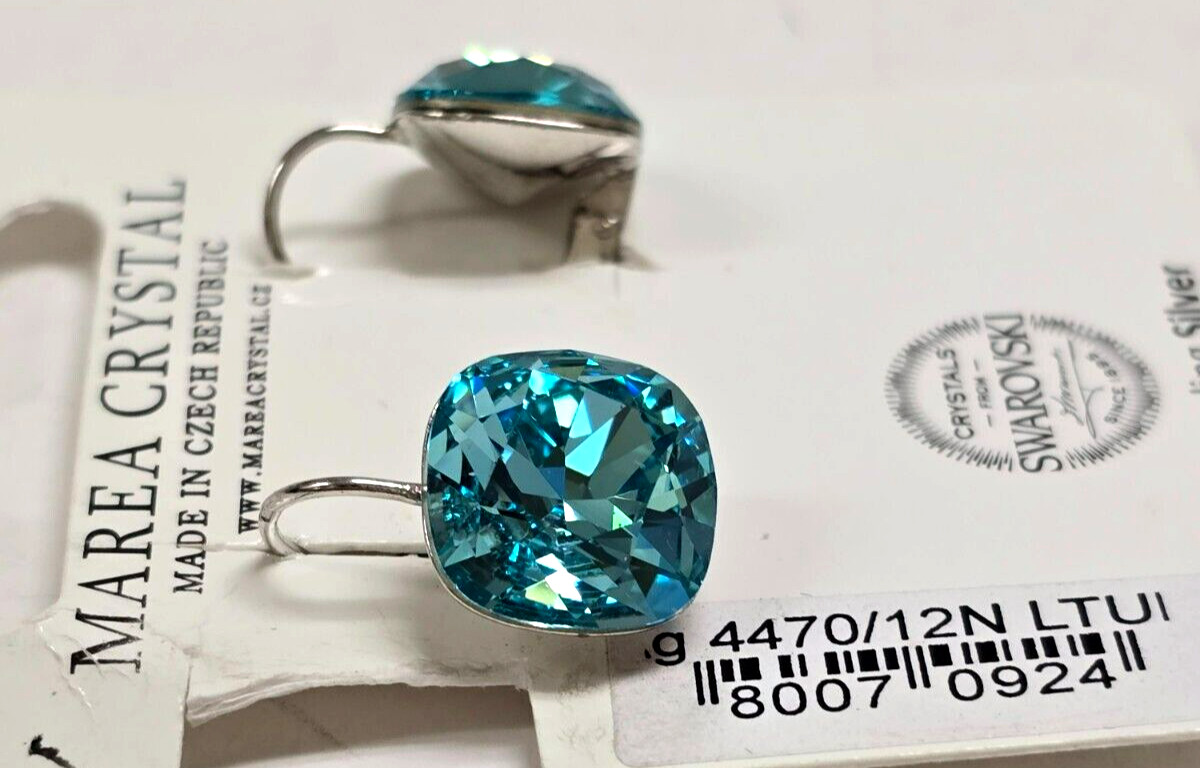 NEW MAREA STERLING SILVER SQUARE SKY BLUE SWAROVSKI CRYSTAL DROP EARRINGS