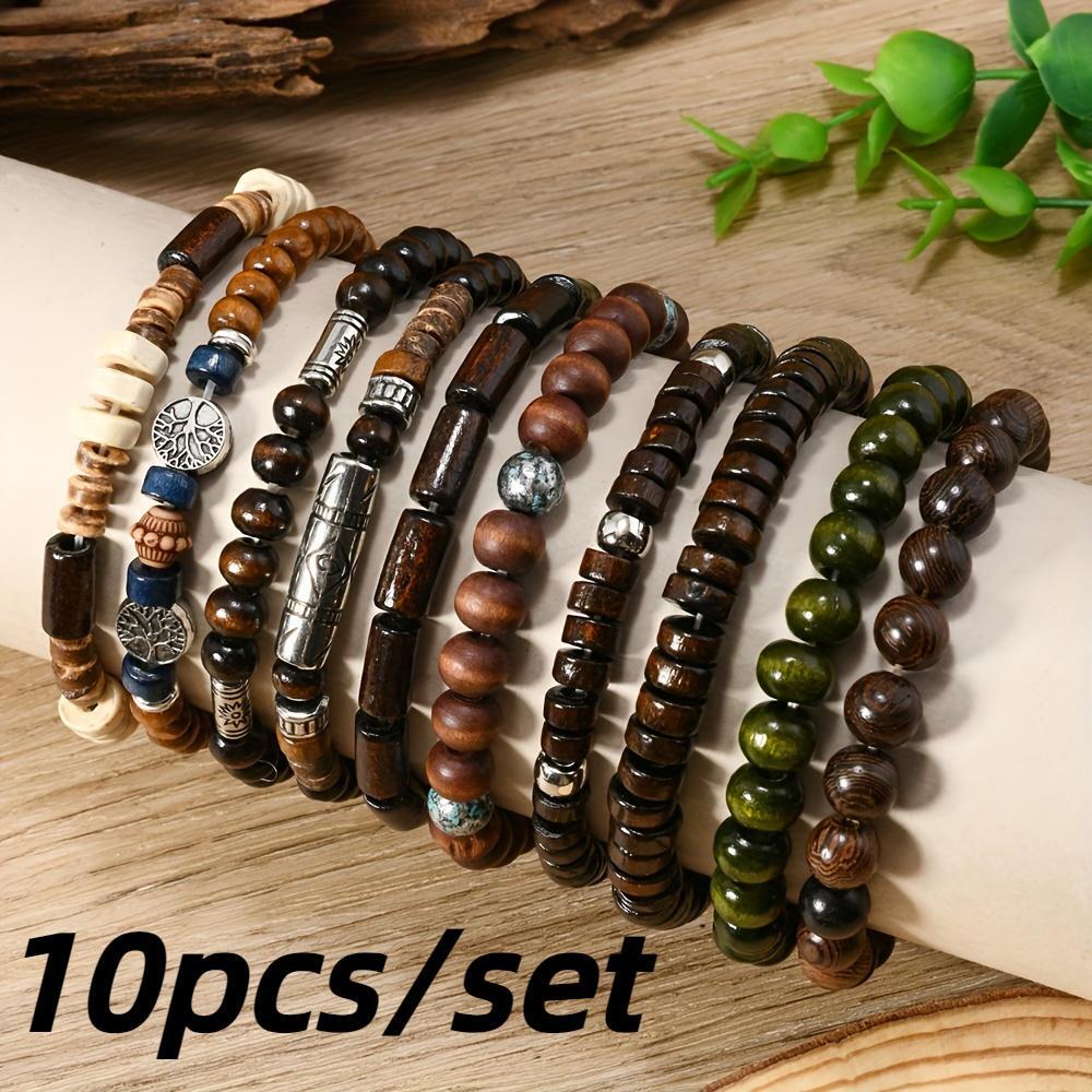 10pcs Boho Ethnic Beaded Bracelets Men Vintage Tree Charm Wood Gift Jewelry
