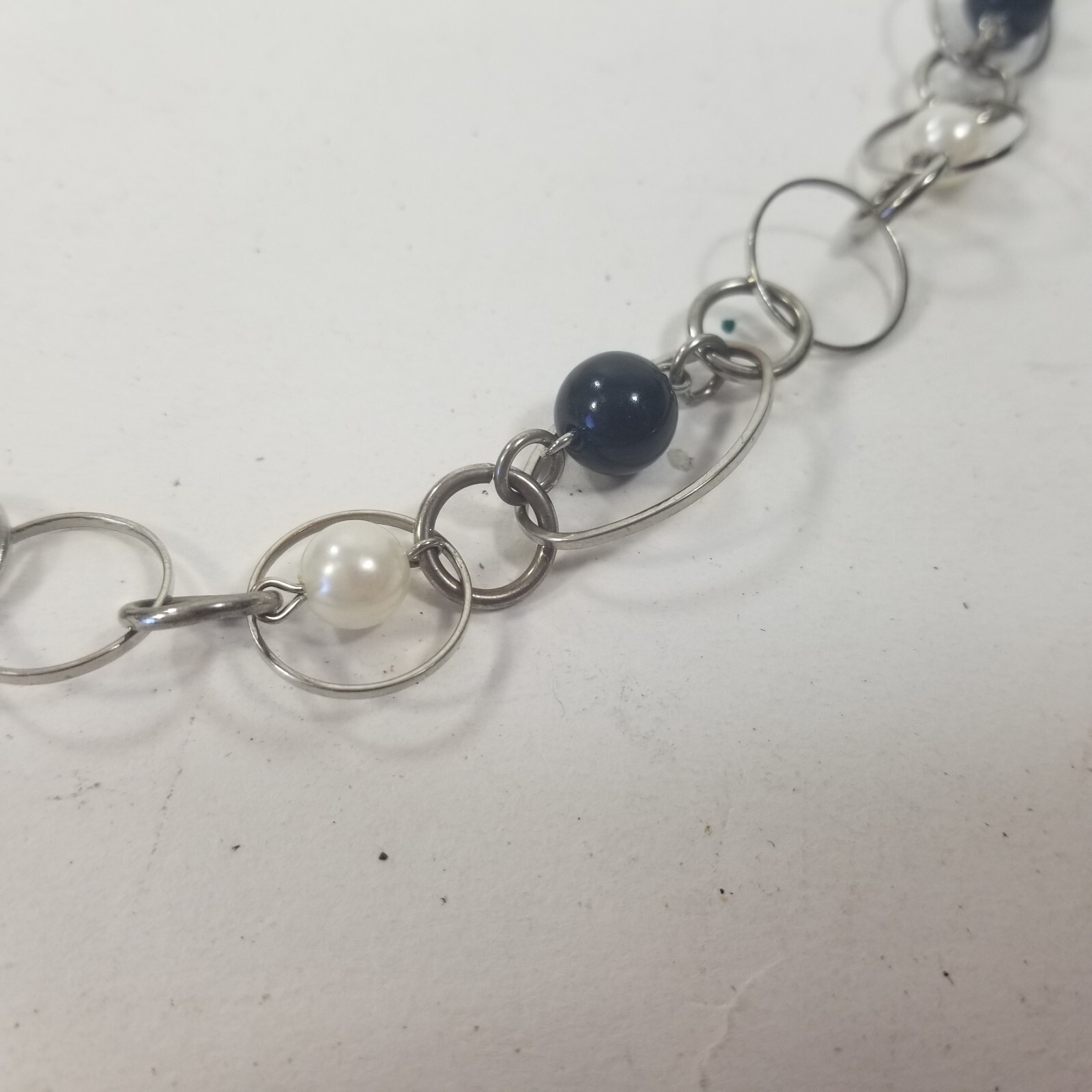 SIlver Tone Beaded Open Circle Oval Chain Link Long Necklace