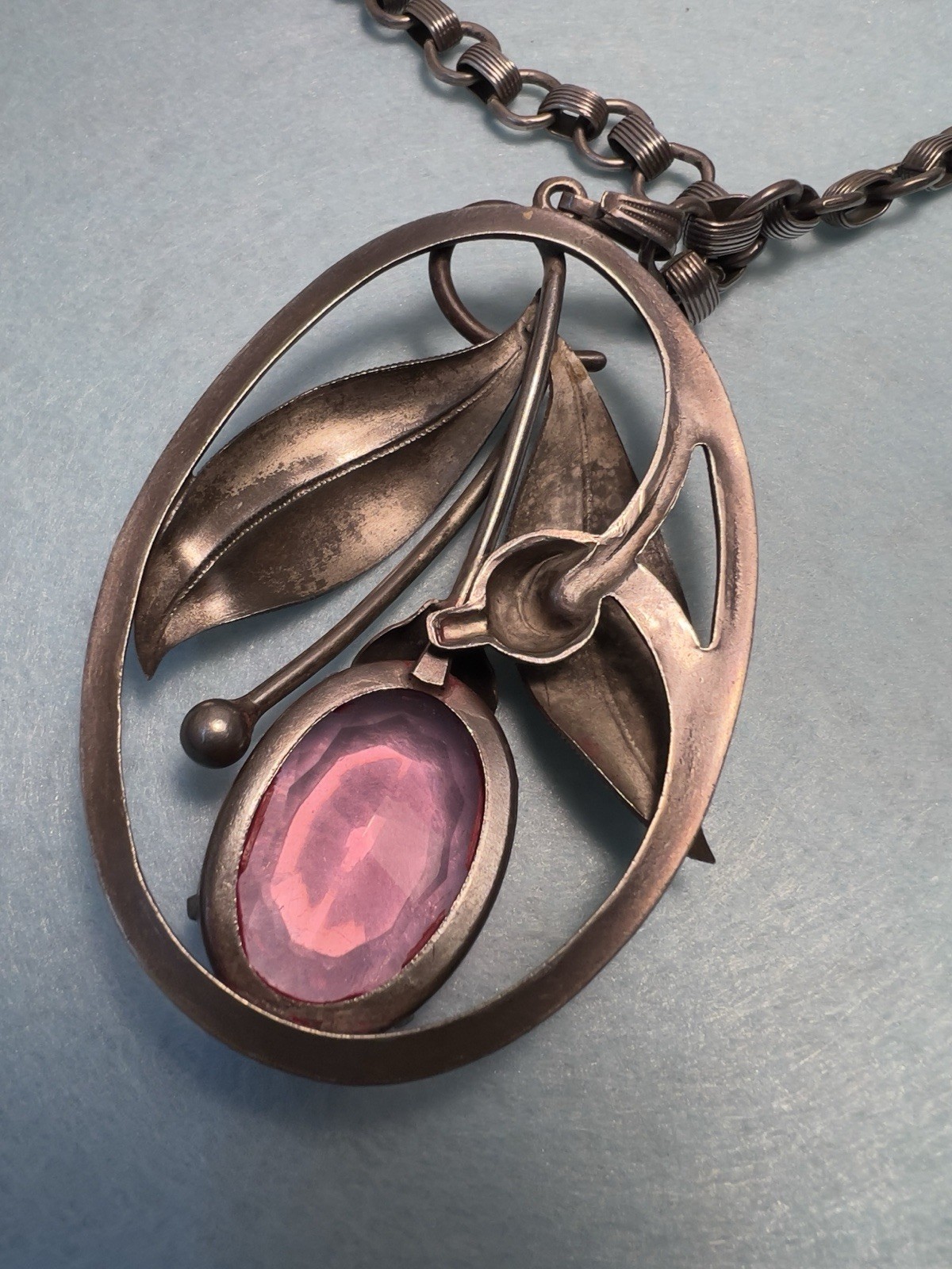 Vintage Art Nouveau Pink Glass 3.25” Pendant Bookchain Necklace 18” Chain