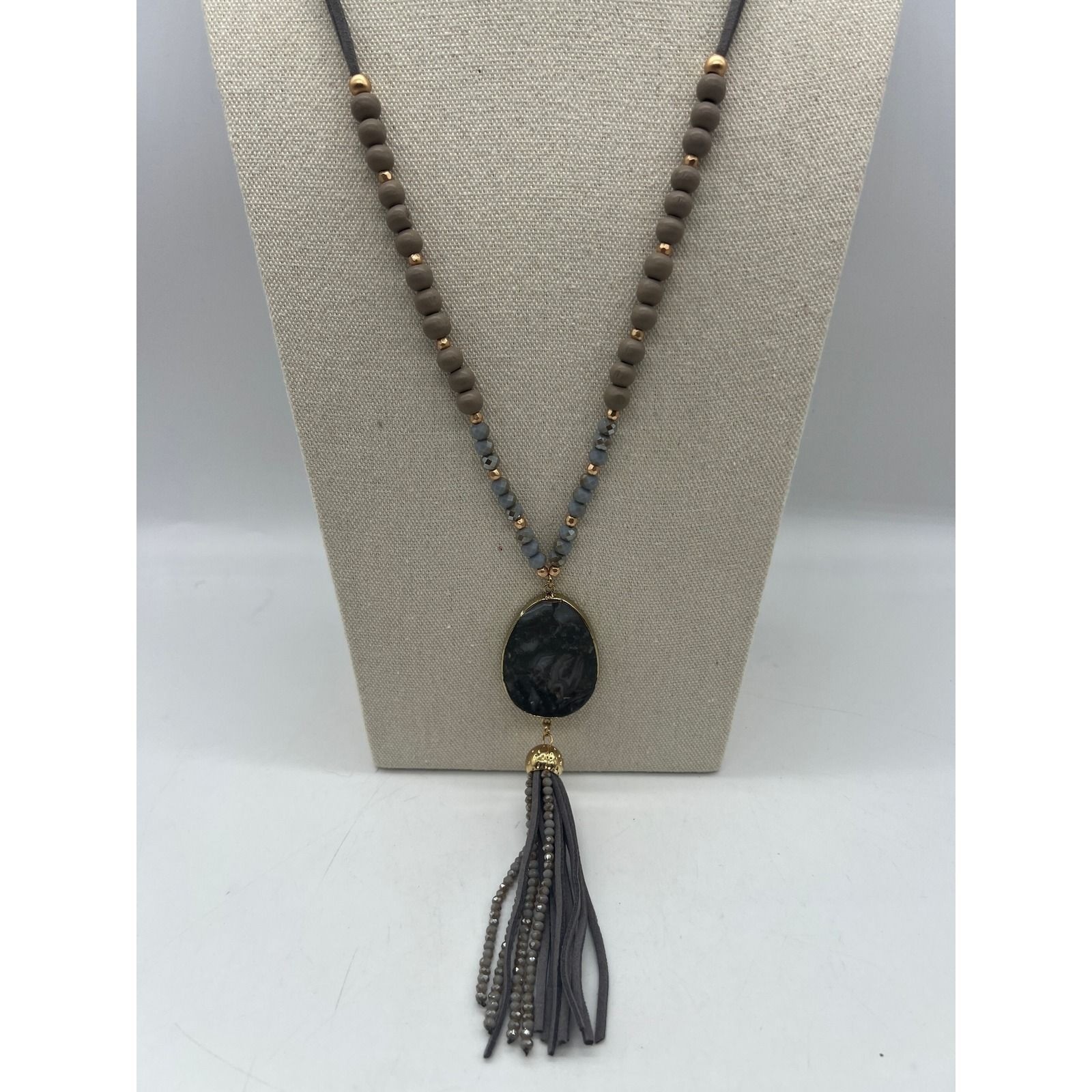 Gray Agate Slice Tassel Pendant Necklace Boho Statement Long Beaded Gray Stone
