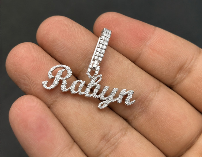 2Ct Moissanite Rakyn Name Pendant – 14K White Gold Plated Iced Out Unisex Charm