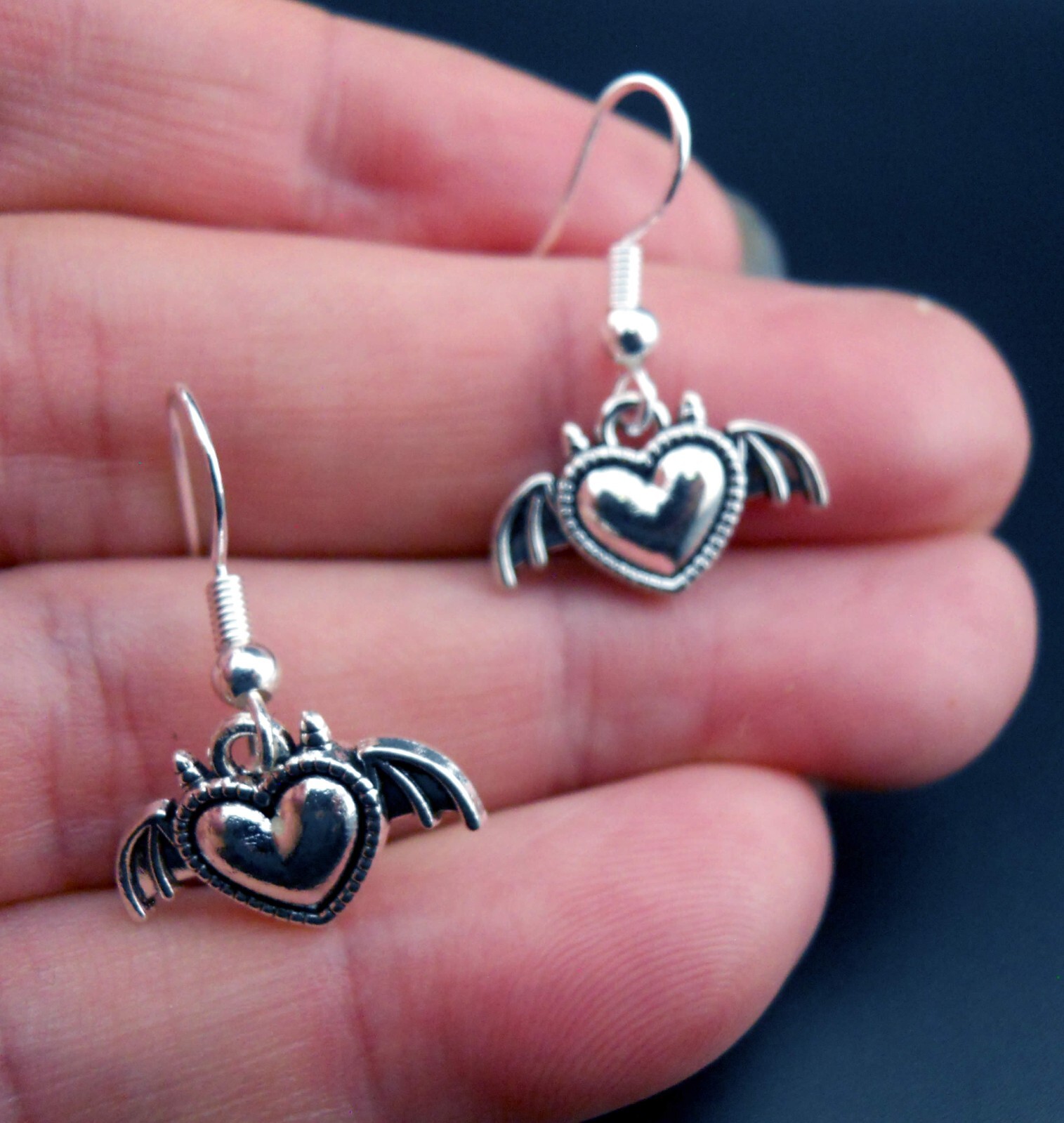 Devil Heart Earrings Sterling Silver Ear Wires Bat Wings Devil Horns Hearts NEW