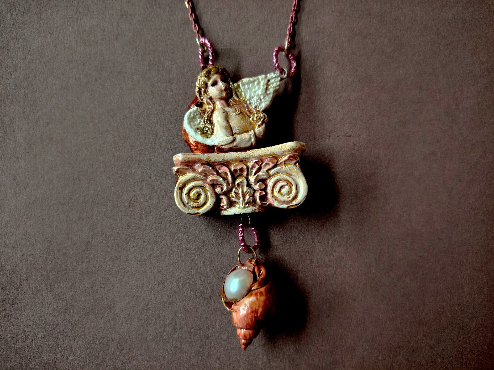 Necklace Winged Angel Cherub Talisman Baroque Pendant Amulet Shell Jewelry Charm