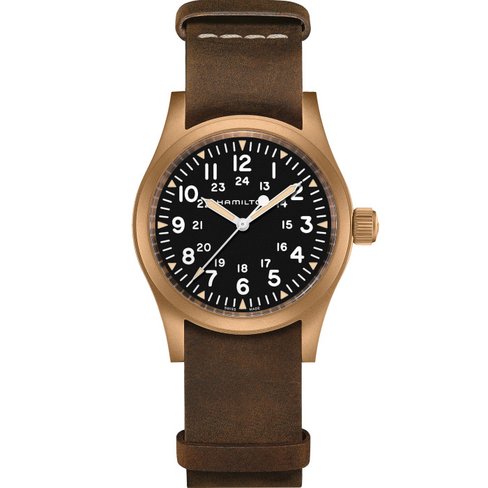 Hamilton Khaki Field Mechanical Bronze Black Dial LTHR Band Mens Watch H69459530