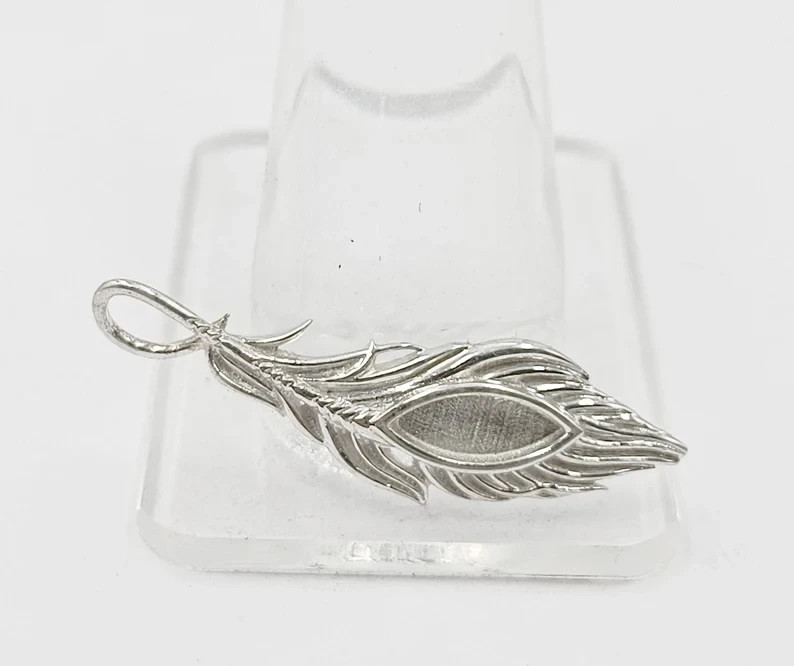 4x10mm Marquise & 37mm Feather Pendant 925 Silver Blank Bezel for Resin Jewelry