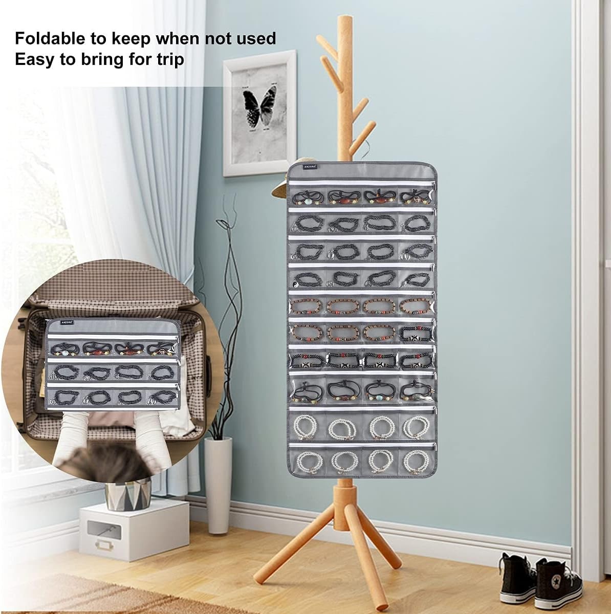 80 zippered pockets hanging jewelry organizer for storing jewelry