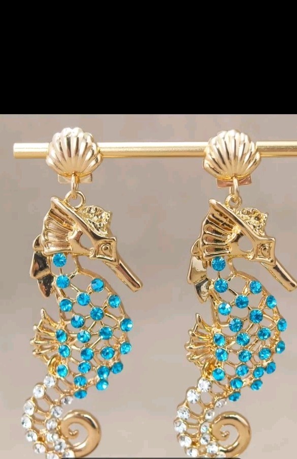 Sparkling Blue & clear Rinestone Embellished Goldtone Seahorse Dangling Earrings