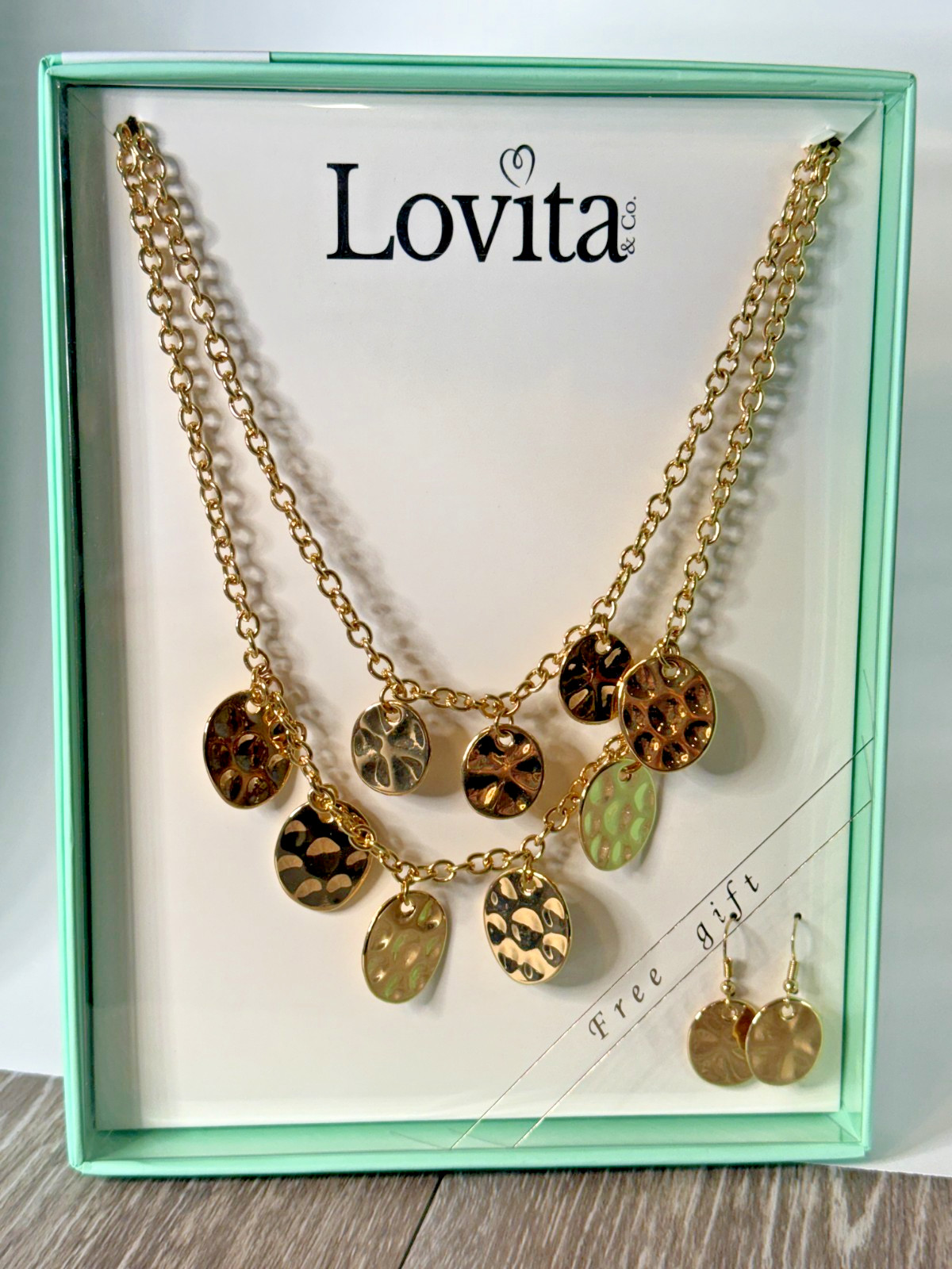 Lovita & Co. Gold Color Layer Chain & Pendants Necklace & Dangly Earring NIP (c)