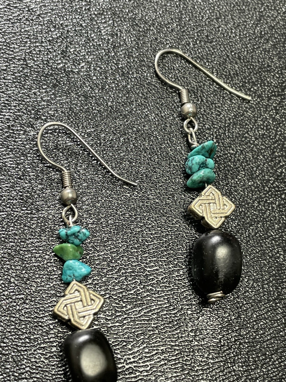 Vintage 2” Turquoise Gemstone Black Beaded Silver Tone Dangle Hook Earrings