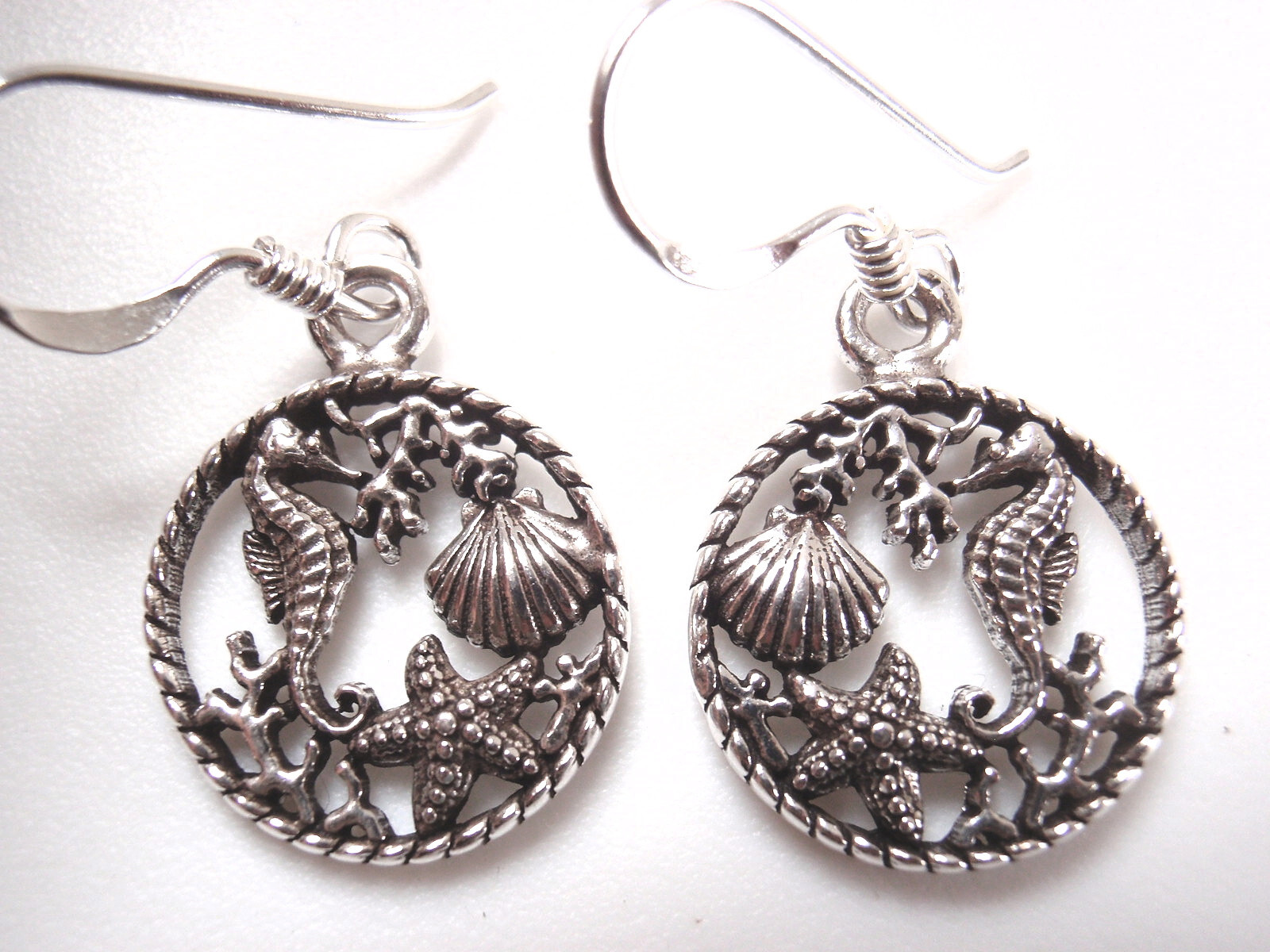 Sea Life with Coral Starfish Seahorse & Clam Shell 925 Sterling Silver Earrings