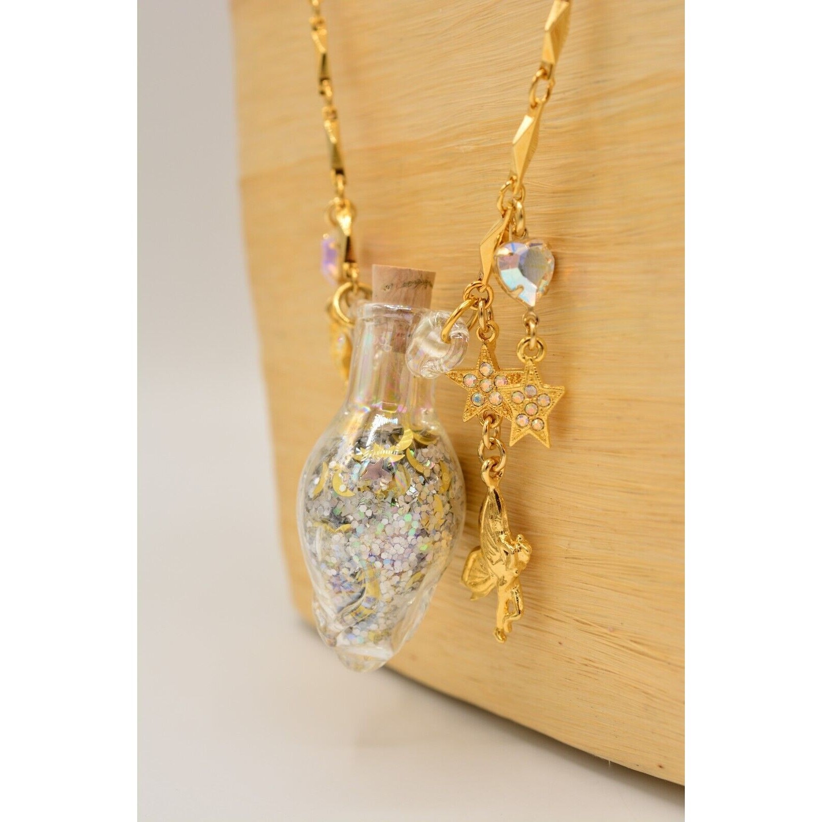 Kirks Folly Bottle Necklace Pixie Glitter Charm Crystal Rhinestone Gold NOS BOX
