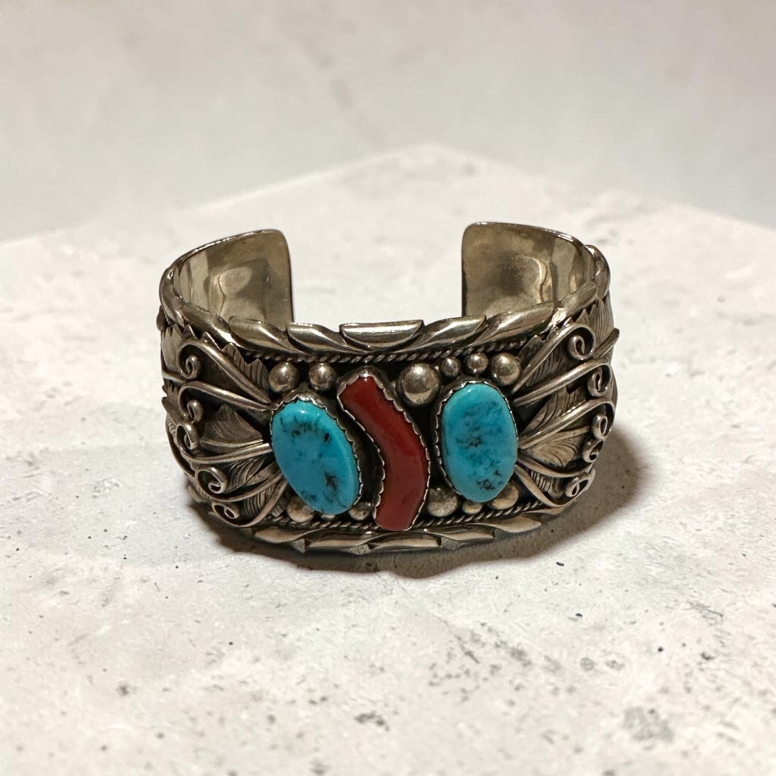 Navajo M Tsosie Sterling Turquoise Coral Feather Cuff Bracelet 108g 1.5” Width
